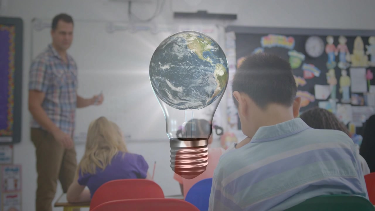Teacher gesturing in classroom causing earth bulb appearing and flare rising while students writing