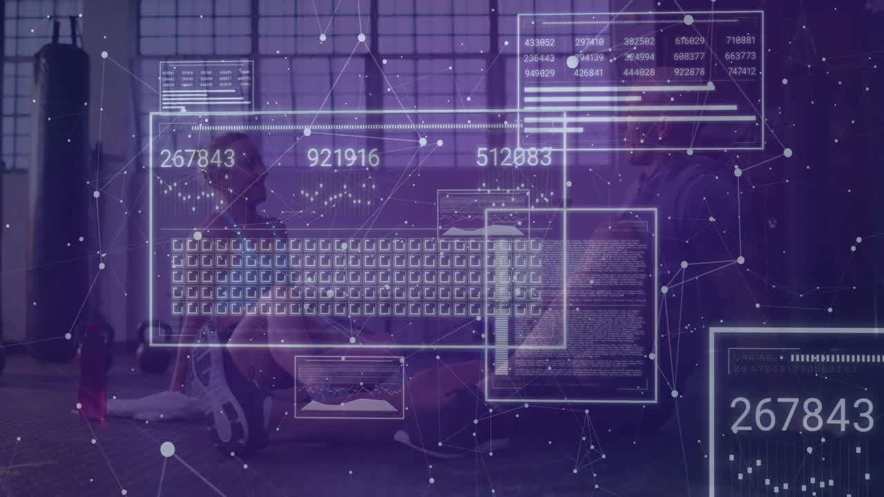 woman and man analyzing fitness metrics on mat in gym, with floating charts and numeric readouts