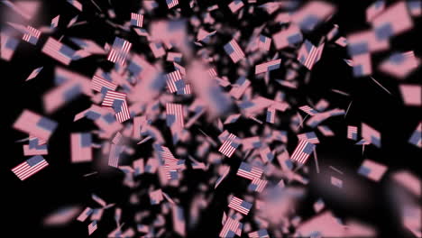animación de fuegos artificiales azules explotando sobre banderas estadounidenses cayendo, sobre un fondo oscuro