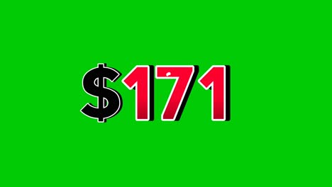 animation number $171 dollar sign motion graphics with smoke effect green screen background vibrant red numbers. video 3d effect with shadows for video elements business concept