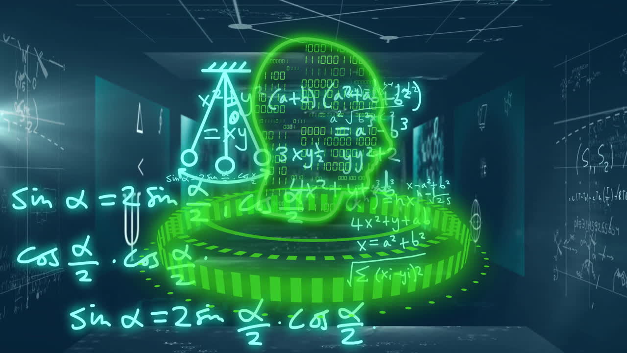 ecuaciones matemáticas y animación de procesamiento de datos sobre la silueta de la cabeza humana