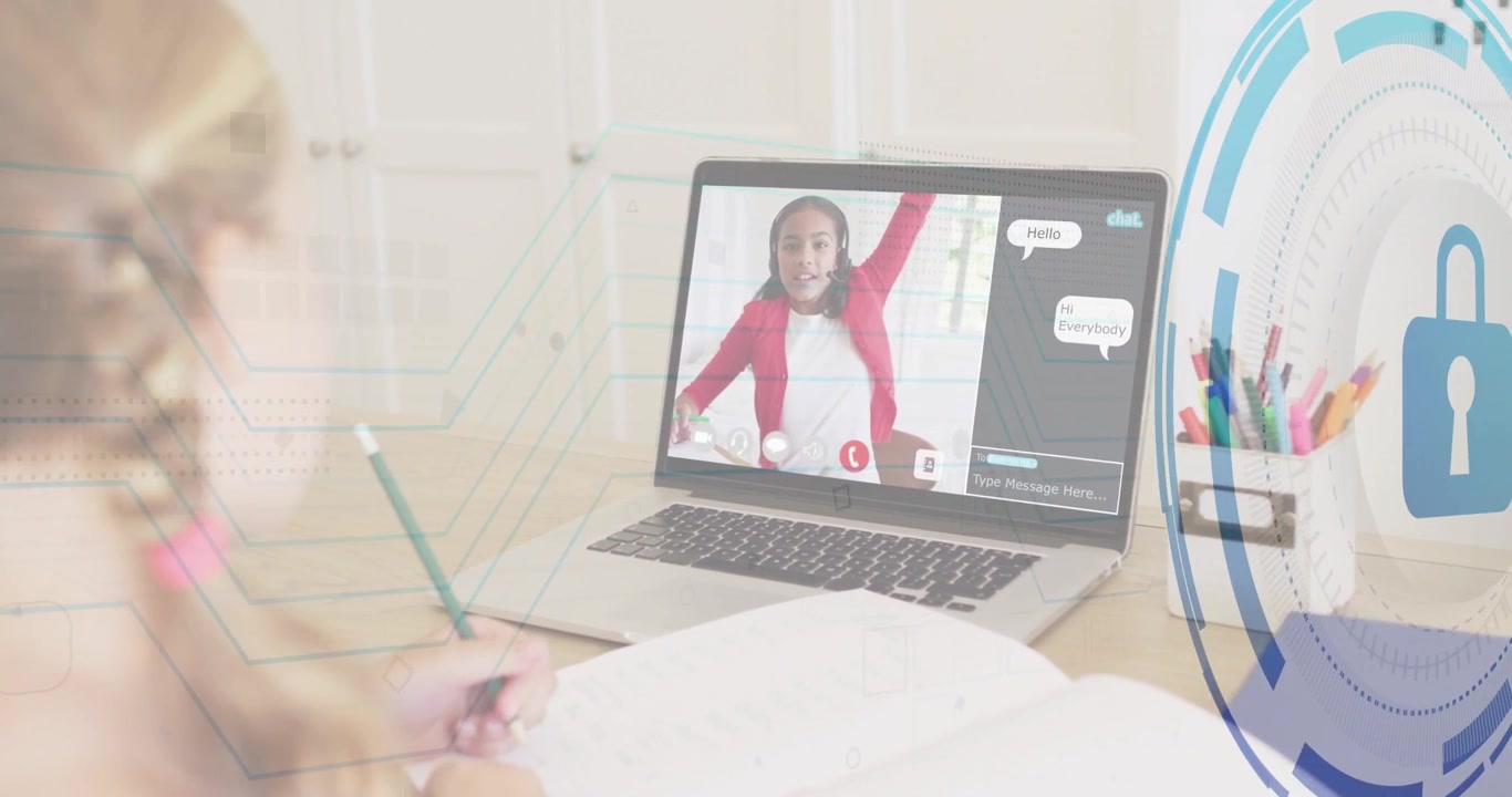 Menina escrevendo em aula online, sobreposição de circuitos de inicialização, cadeado pulsando garantindo segurança.