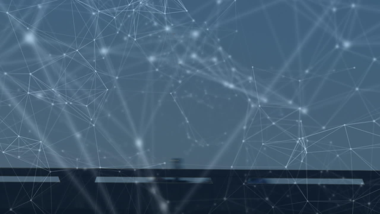Animation of network of connections with cars on the road on blue back ground
