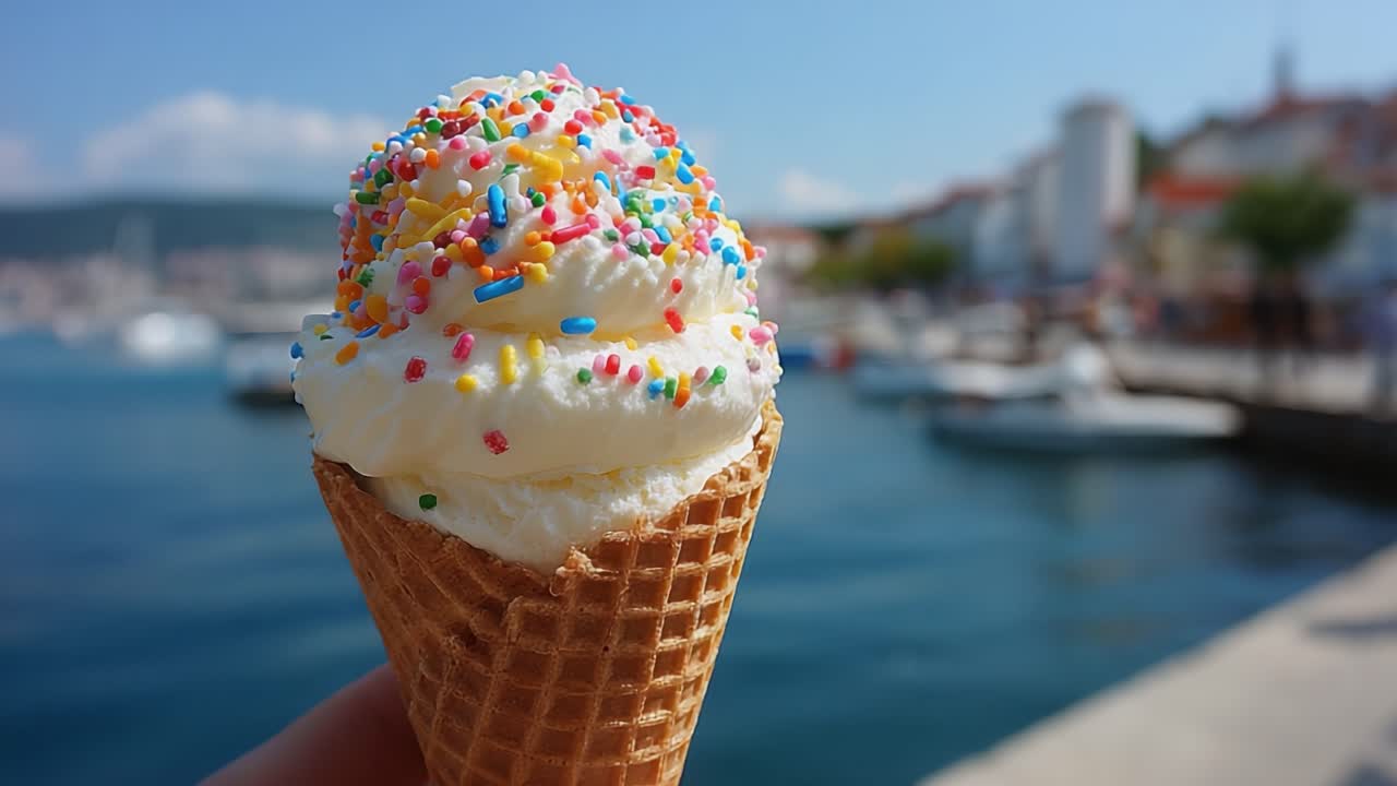 Cono gelato colorato con codette su uno sfondo panoramico lungomare, ripreso in una sequenza video.