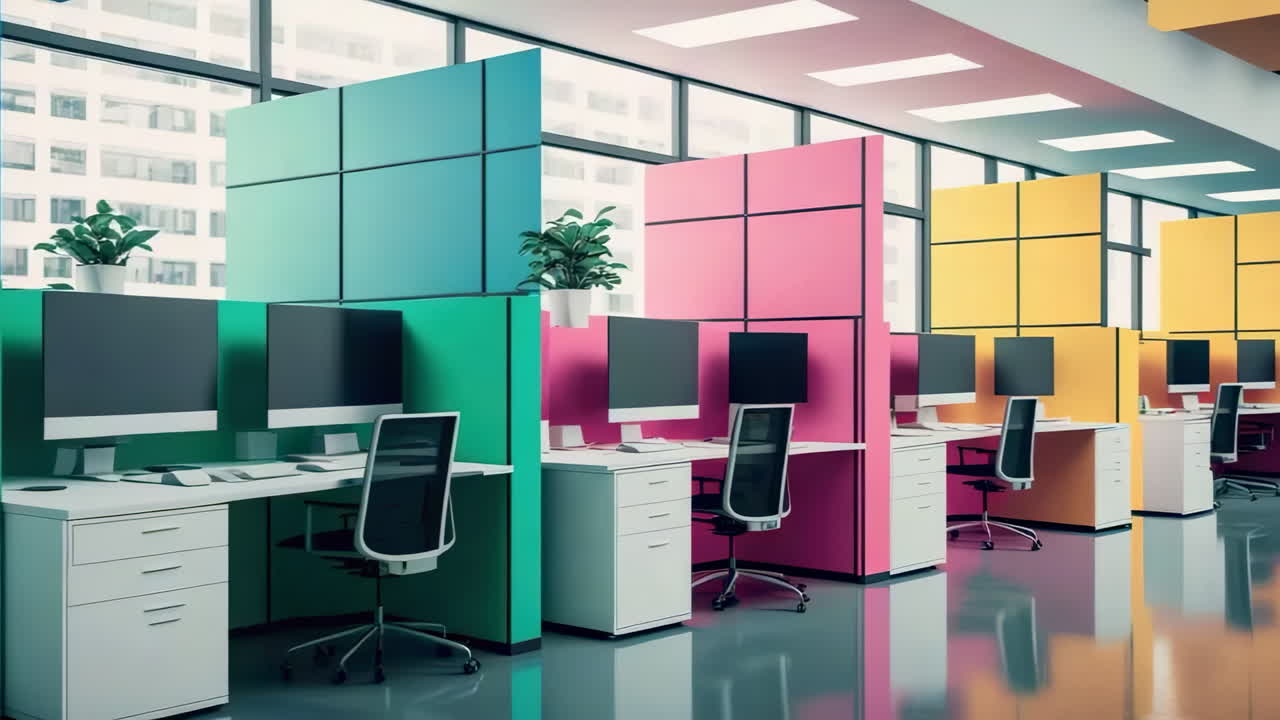 Modern Colorful Office Space with Empty Cubicles