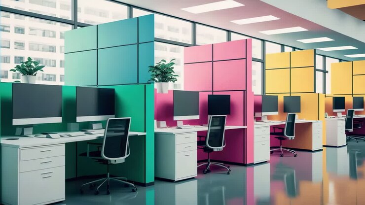 Modern Colorful Office Space with Empty Cubicles