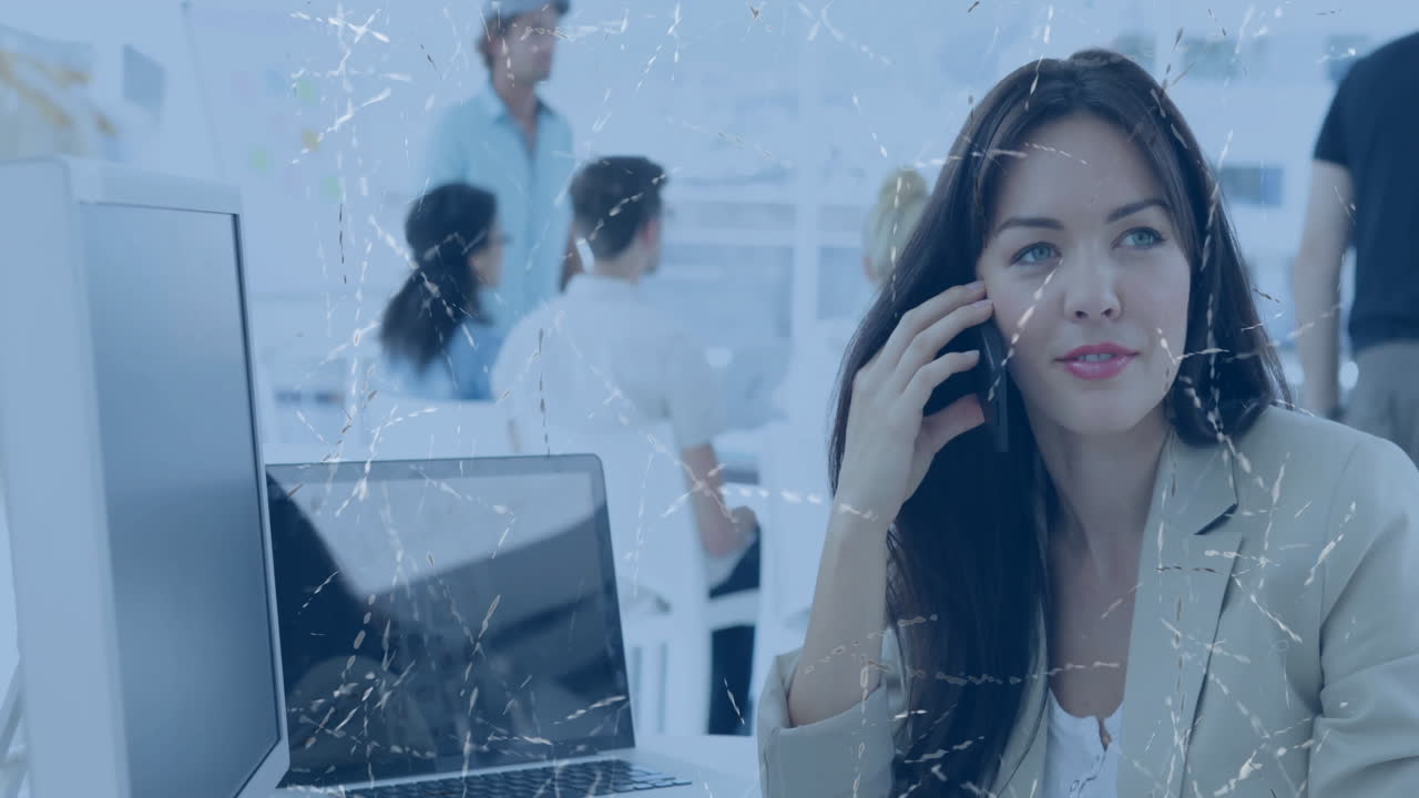 Talking on phone, businesswoman with laptop over animated digital network connections