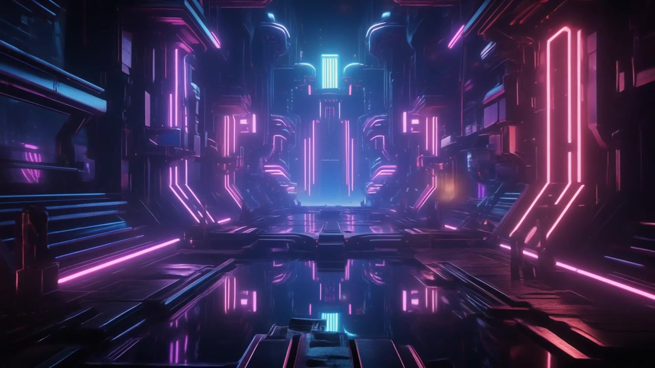 Futuristická sci-fi chodba se zářícími neonovými růžovými a modrými světly
