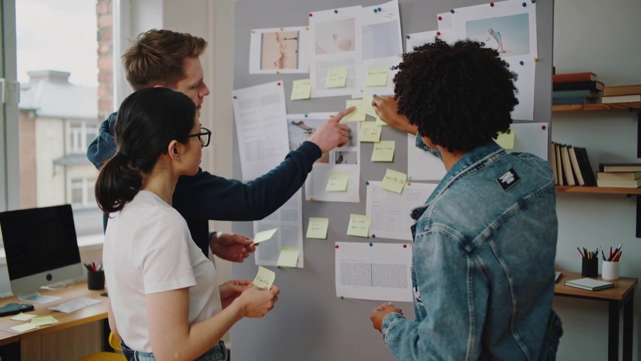 Reviewing pinned pages, three team members pointing, placing sticky notes on pinboard for planning