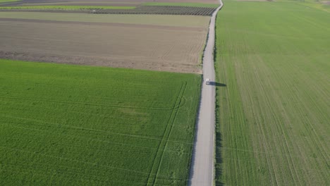 Aerial-wide-shot-of-a-van-on-a-road-in-the-countryside-during-a-sunny-day-in-Huelva,-Spain