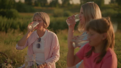 family sitting outdoors enjoying peaceful summer picnic while drinking fresh water, all smiling under warm sunlight, with background featuring greenery under warm light