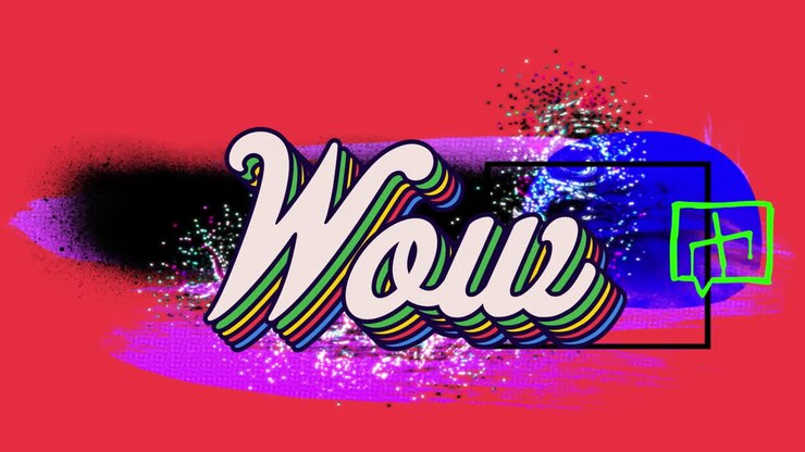 Animazione del testo "wow" su motivo luminoso su sfondo rosso
