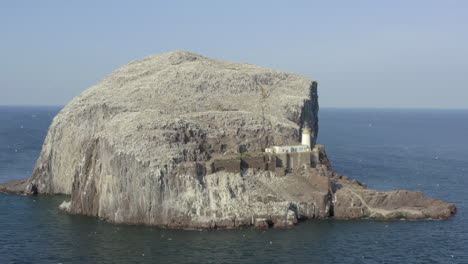 una vista aérea que rodea la roca de bajo y el faro mientras las aves marinas de alcatraces rodean su colonia isleña en un día soleado, east lothian, escocia