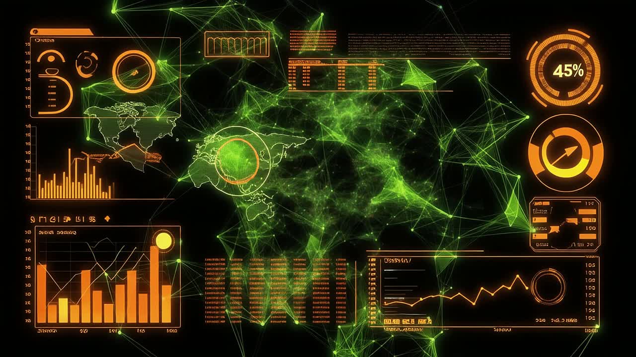 Futuristic Digital Interface with Data Visualization and Network Connections