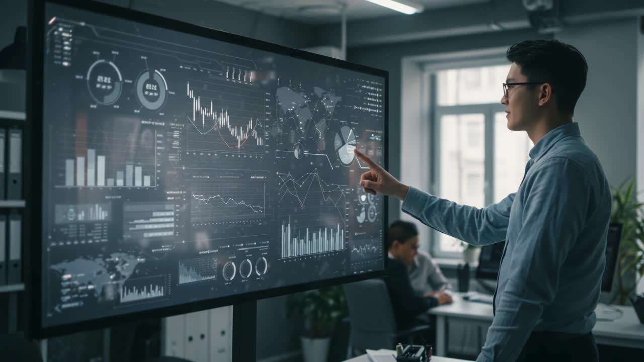Data Visualization Expert Engaging with Dynamic Charts and Graphs in a Modern Office Setting, Highlighting Insights from Interactive Display Technology