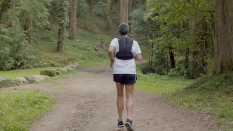 man in sportswear running on trail in forest