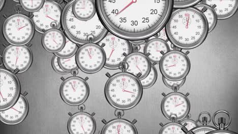 Animation-of-multiple-stop-clocks-falling-and-moving-fast-on-grey-background