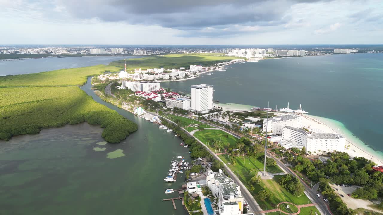 Cancun's hotel zone, playa langosta beach, and nichupte lagoon, aerial view