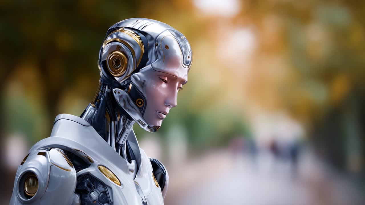 En futuristisk robot med elegant design og livagtige funktioner, der står udendørs under et blødt og varmt skær af efterårslys og farver