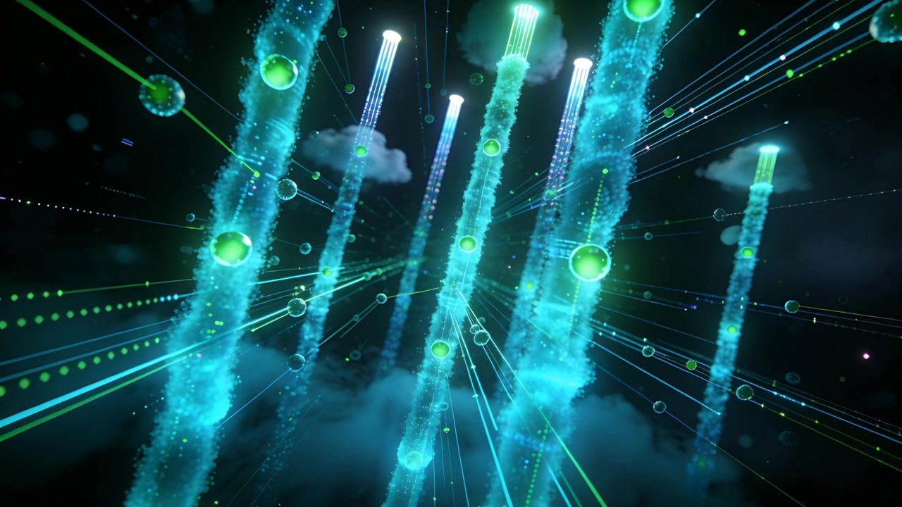 Surging particles sparking luminous cyan energy columns pulsing in deep space, with green nodes