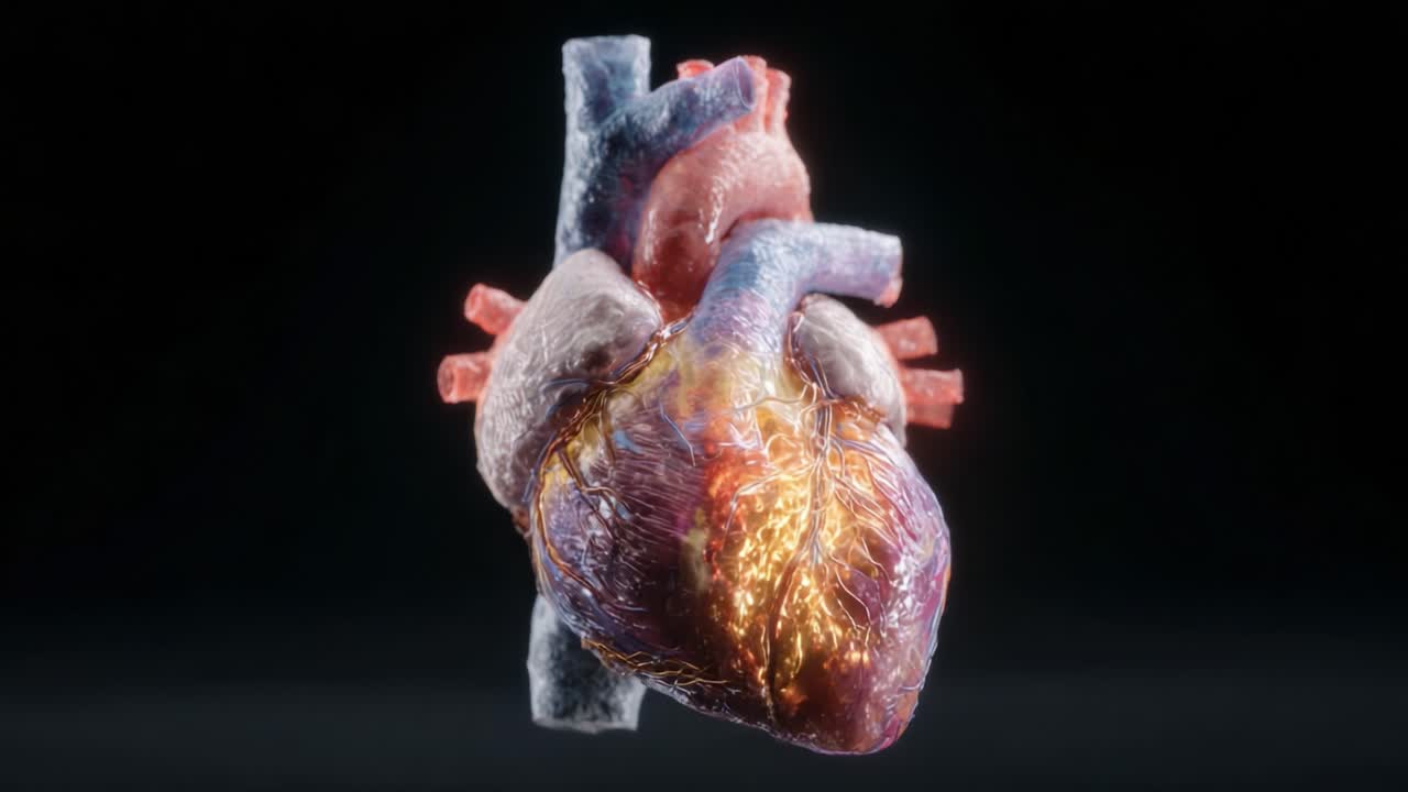 Anatomically Detailed 3D Model of the Human Heart Exhibiting Complex Structures, Veins, and Arteries in Vibrant Colors Against a Dark Background