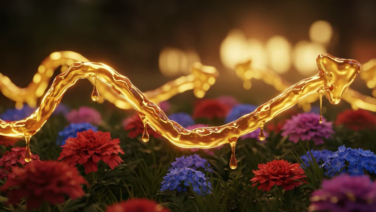 A Captivating Display of Golden Liquid Flowing Through a Vibrant Flower Bed Enveloped in Colorful Blossoms and a Mystical Atmosphere