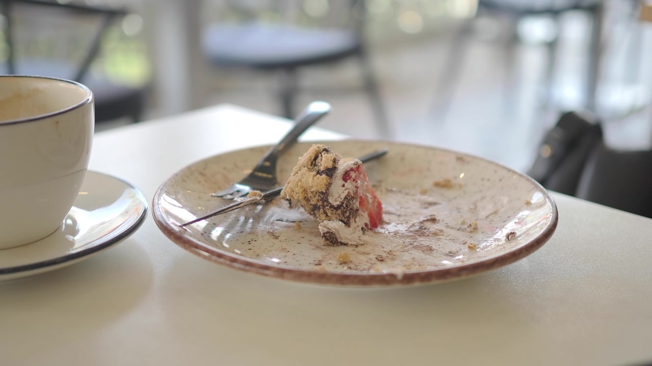 Leftover Cake and Empty Coffee Cup on a Dirty Plate