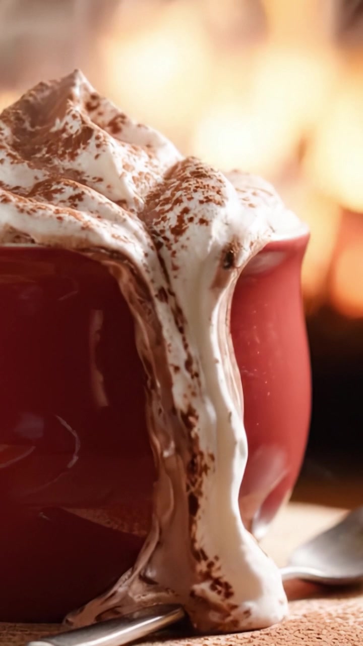 Delicioso chocolate caliente con cobertura cremosa y espolvoreado de cacao, capturado por el cálido resplandor de una acogedora chimenea en una hermosa taza de cerámica