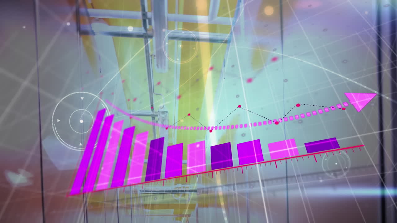 animación del procesamiento de datos estadísticos y la red de conexiones contra la sala de servidores informáticos