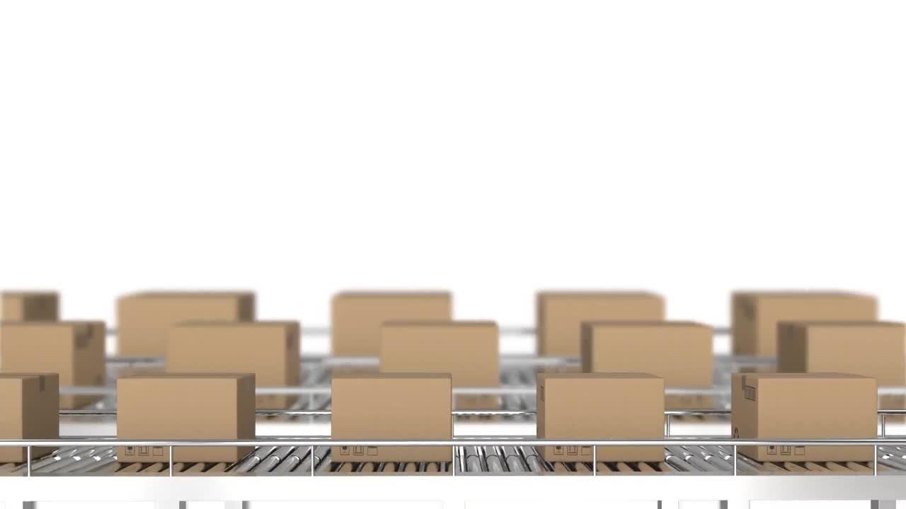 ⁇ 색 배경에 컨베이어 벨트에 있는 상자의 애니메이션