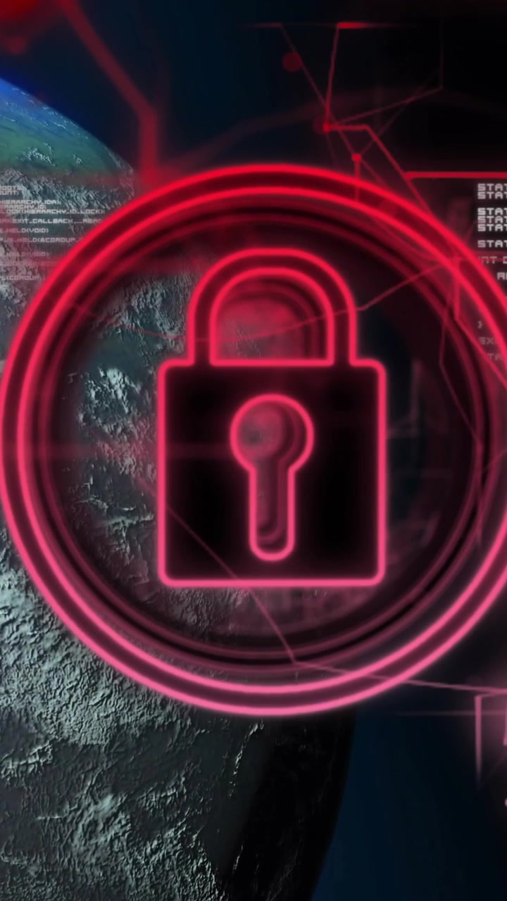 Animation of data processing and globe over padlock on black background