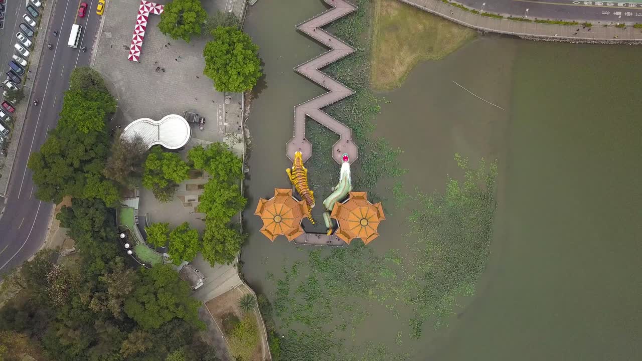 Top down view drone shot of Dragon Tiger Pagoda at Lotus Pond in Kaohsiung, Taiwan.