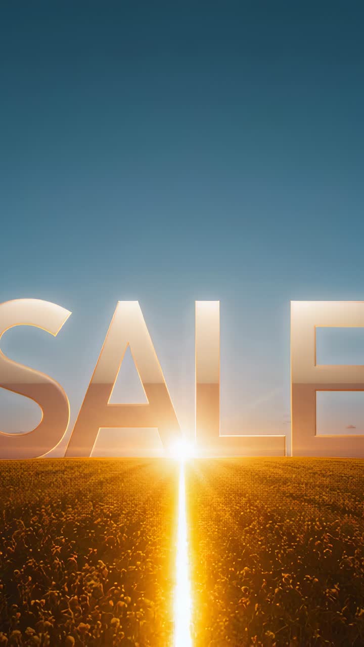 Vertical video: Rising golden beam highlighting SALE letters on horizon, flooding flowered field