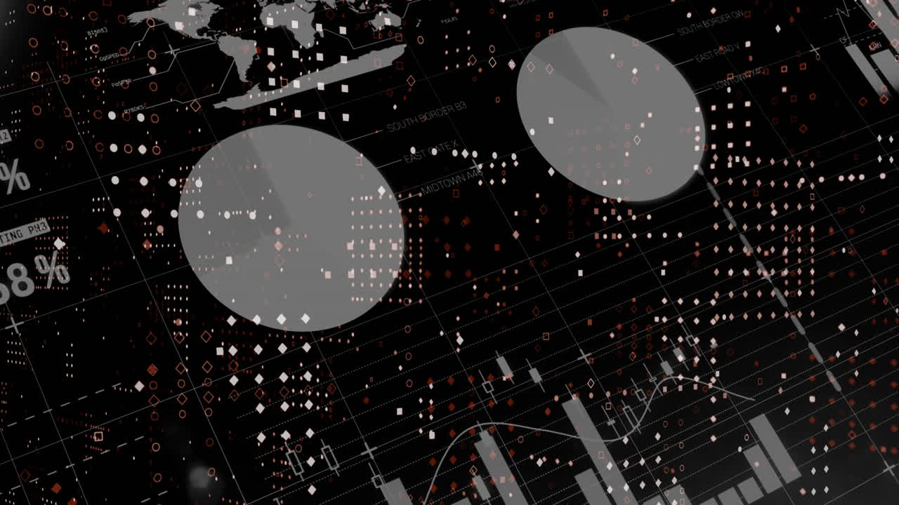 Animation of dots forming abstract pattern over infographic interface against black background