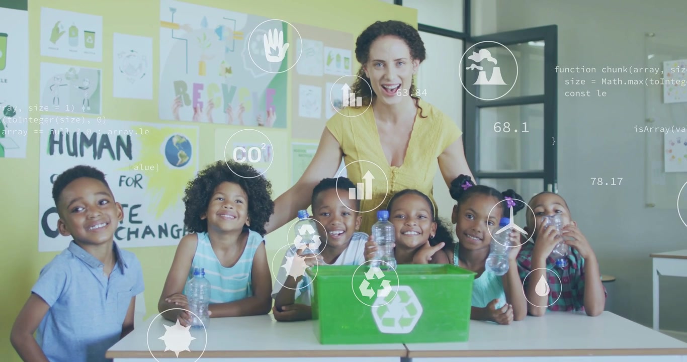 Teacher leaning arranging kids, encouraging bottle holding, teaching recycling with floating icons