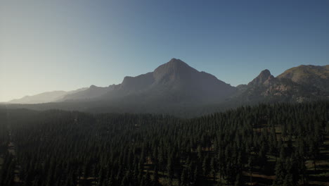 aerial view of a mountain range with dense pine forest