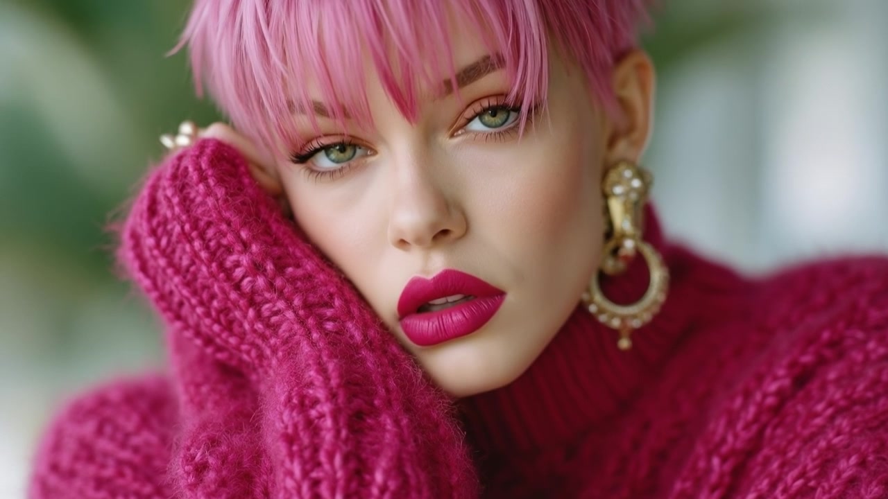 Giovane donna con capelli corti rosa che indossa un maglione a maglia color magenta e guarda in camera.