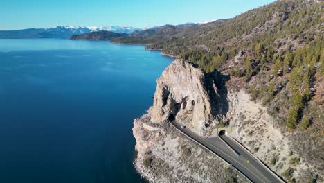 Aerial-view-of-Cave-Rock-coastline,-Lake-Tahoe,-California