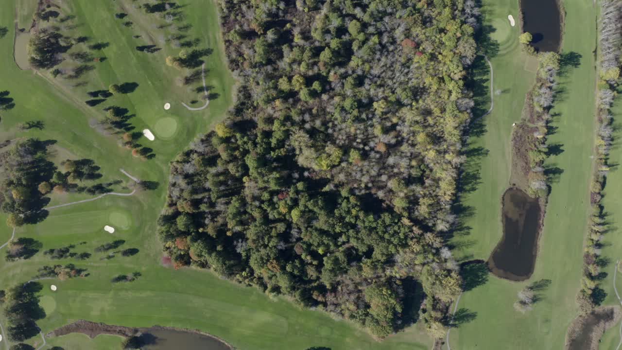 Drone footage of Golf Course. This is one clip of many in this series - each of which shows a different angle of the golf course and slightly different contents (greens - players) in the frame.