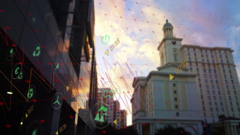 animation of financial data and graphs overlaying cityscape during sunset sky