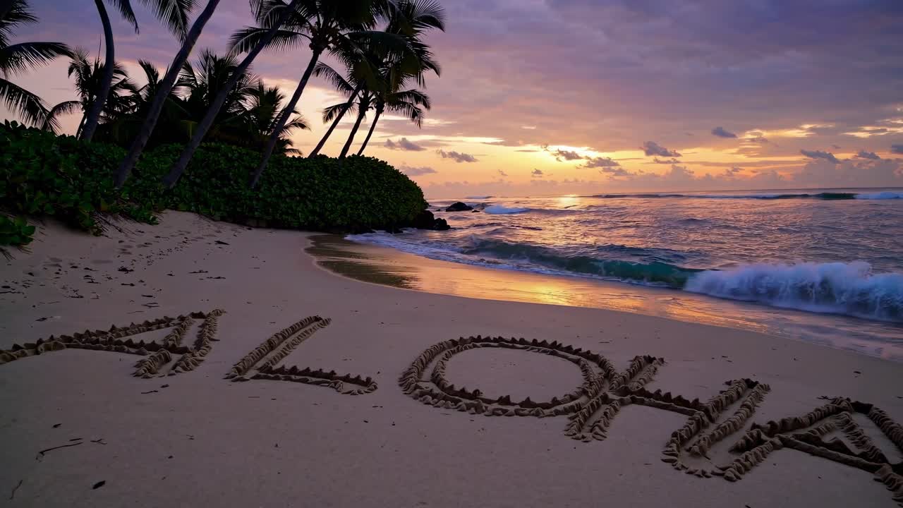 A serene beach sunset with 'Aloha' written in the sand
