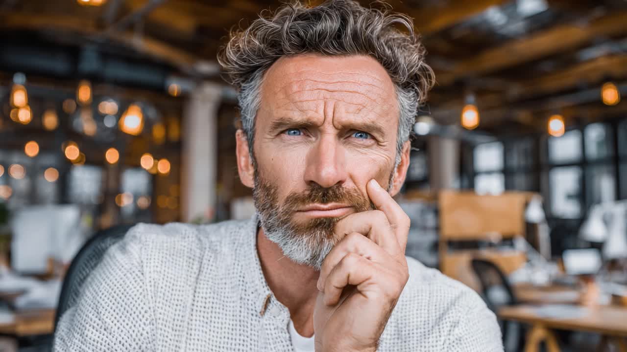Contemplative Man Deep in Thought in Modern Office Setting, Showcasing Introspection with a Thoughtful Expression and Cozy Ambient Lighting
