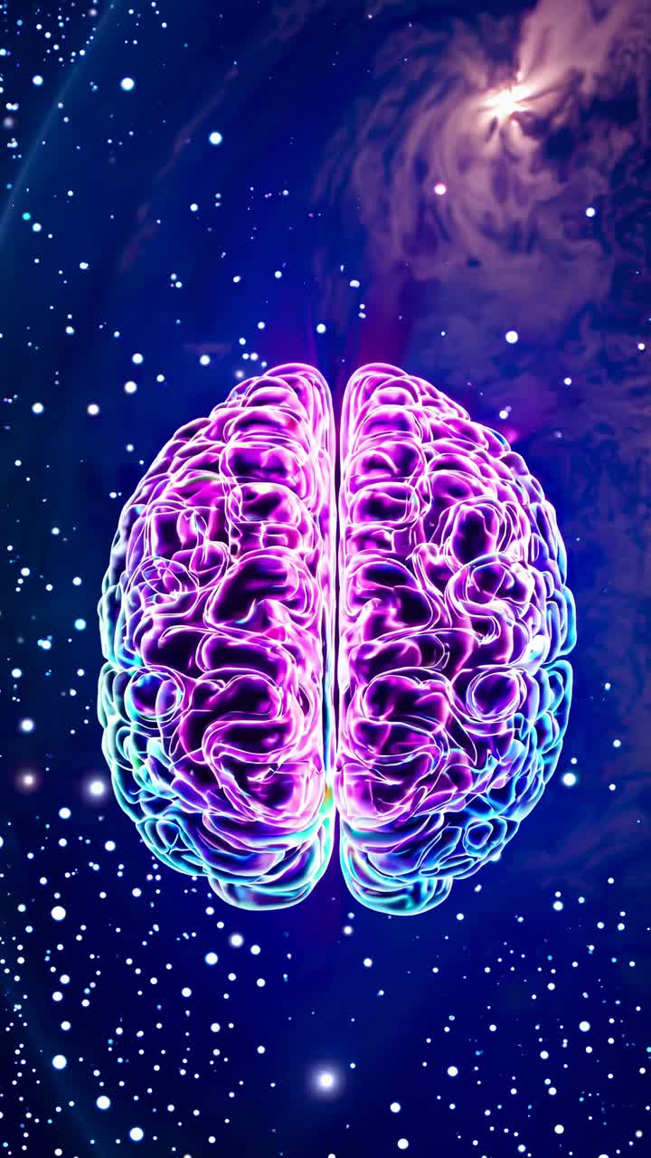 A glowing brain floats in space, viewed from a low angle