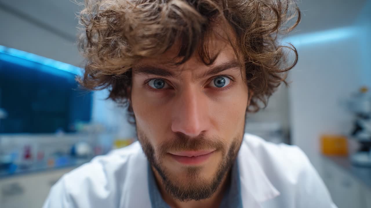 Konzentrierte Wissenschaftlerin mit lockigem Haar und intensivem blauen Blick, die einen Moment der Neugier und des Engagements in einer Laborumgebung mit moderner Ausstattung zeigt