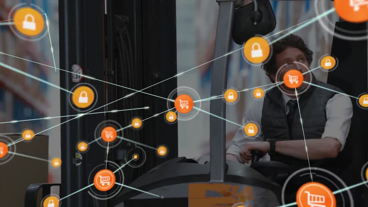 animación de la red de conexiones con iconos sobre el hombre que trabaja en el almacén
