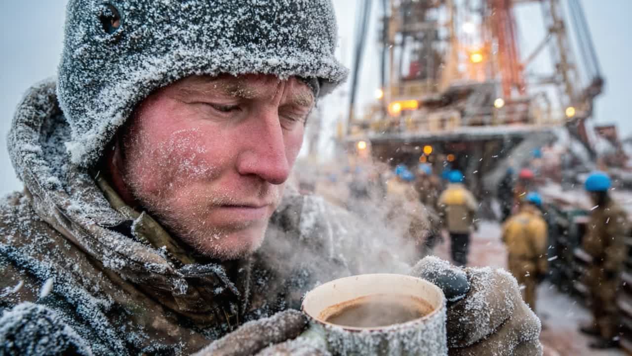 A Frostbitten Worker Enjoys Hot Beverage Amidst Harsh Arctic Conditions at an Oil Rig, Showcasing Resilience and Survival in Extreme Weather