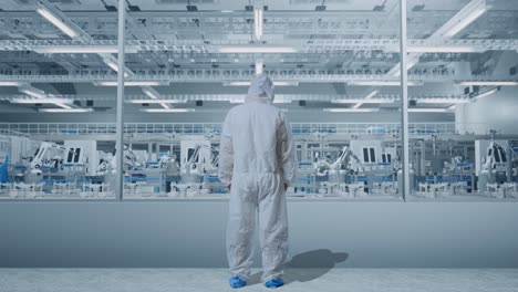 trabajador de fábrica observando la línea de producción automatizada
