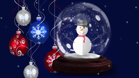 Animation-of-baubles,-snow-globe-with-snowman-and-snow-falling-on-dark-blue-background