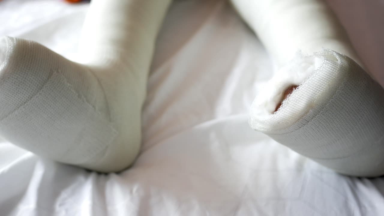 primer plano de una pierna rota en un yeso