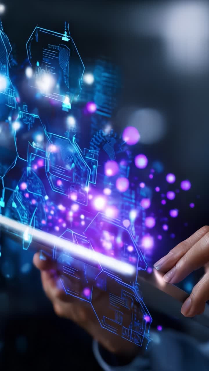 Interface de tecnologia futurista: usuário com tela digital dinâmica e visualização de dados luminosa em tablet em ambiente de espaço de trabalho moderno
